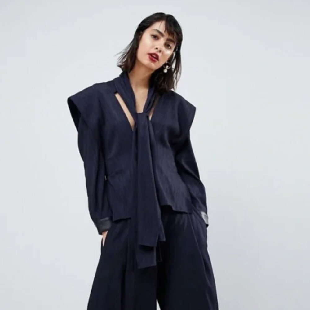 NWT Navy Asos White Label Multi Strap Tailoring Top With PU Cuff Size 14